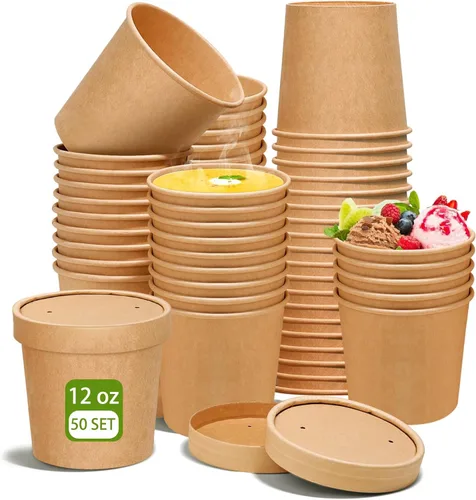 Vista 10 de Paquete de 100 recipientes de papel de 4 onzas para sopa con tapas ventiladas, recipientes desechables para alimentos, tazas de helado de estraza