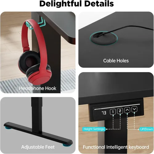Vista 6 de PayLessHere Escritorio eléctrico de pie de 40 pulgadas con gran espacio y soporte para auriculares, escritorio de oficina con elevación eléctrica