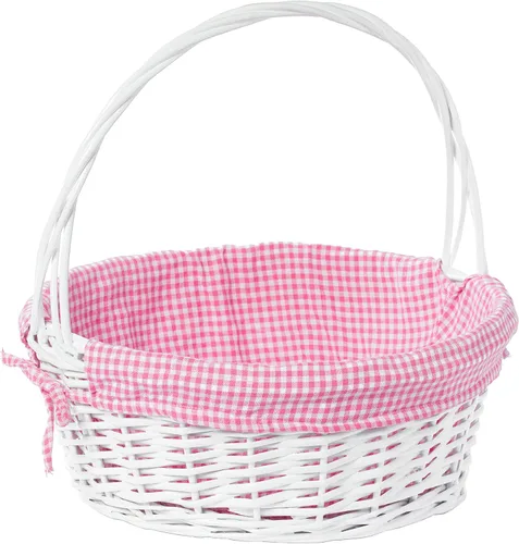 Vista 13 de WICKERWISE Cesta de regalo tradicional de sauce redondo blanco con forro a cuadros y asas resistentes, cesta de almacenamiento de aperitivos