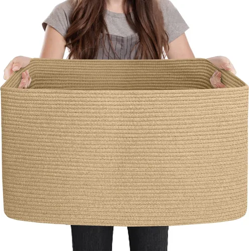 Vista 12 de MEGASKET Cesta extra grande para mantas, 23.6 x 17 x 12 pulgadas, almacenamiento de manta negra para sala de estar, soporte de almohada de cuerda