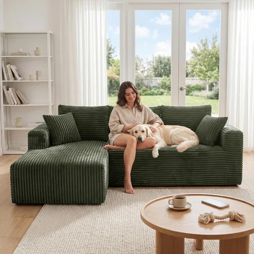 Vista 29 de Sofá otomano modular de pana de 28 pulgadas sin hueso, sofá otomano seccional para sala de estar, color beige