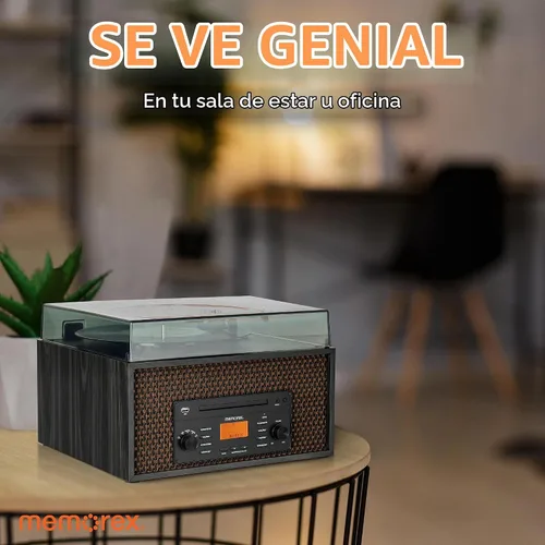 Vista 5 de Memorex MX-TT700 Centro de música de madera nostálgico 7 en 1 CD/MP3, USB, Bluetooth Tocadiscos, AM/FM, entrada AUX Grabar a USB, pantalla