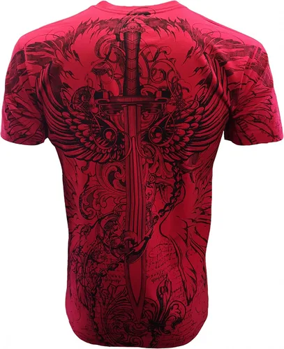 Vista 8 de KonflicUSA Camiseta para hombre con diseño de espada y cadenas, diseño de águila, diseño de espada y cadenas, color plateado metálico, cuello