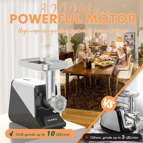 Vista 3 de ALTRA LIFE - Molinillo eléctrico de carne, relleno de salchichas máximo de 2800 W con 2 cuchillas, 3 platos, tubo de salchicha, rallador de queso