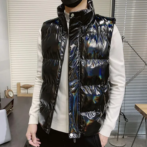 Vista 6 de Chaleco acolchado de algodón ligero para hombre, cálido, casual, cuello alto, con cremallera, con bolsillos
