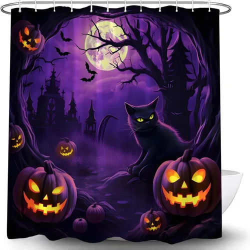 Vista 3 de Cortina de ducha de Halloween, espeluznante gato negro, calabazas aterradoras, luna llena, casa encantada, murciélagos, árbol muerto, cortina