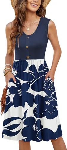 Vista 24 de MOLERANI - Vestidos de verano para mujer, sin mangas, casual, sueltos, acampanados, midi, con botones, con bolsillos Estampado Azul Marino Blanco
