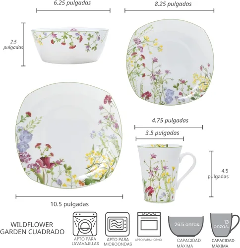 Vista 5 de Mikasa Wildflower Garden - Juego de vajilla de porcelana de hueso de 16 piezas para 4, platos cuadrados y cuencos con tazas, diseño floral, apto