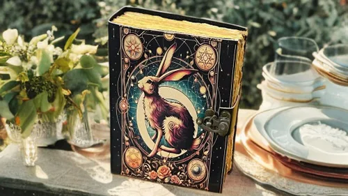 Vista 8 de The Easter Rabbit Grimoire – Handmade Leather Journal, Blank Spell Book of Shadows, Vintage Junk Journal, Gothic Notebook, 200 Deckle Edge Pages