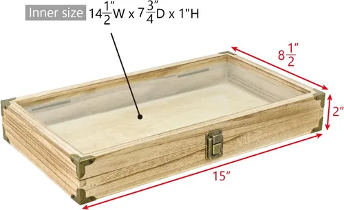 Vista 2 de MOOCA Caja de almacenamiento de accesorios de madera natural con esquinas de latón y cierre de metal, bandeja de joyería de madera