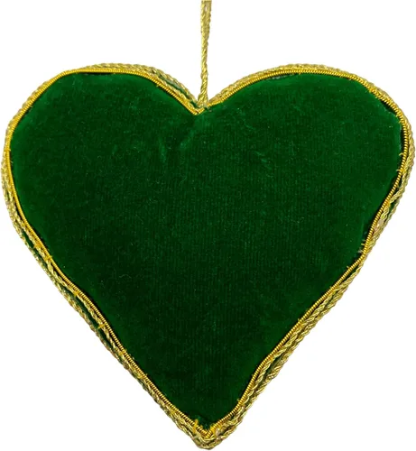 Vista 4 de Adorno de Navidad adornado con corazón verde, bordado Zari Zardozi dorado con cuentas y perlas de imitación, bolsa de presentación