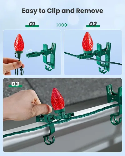 Vista 6 de SURAIELEC C9 Luces LED de Navidad con clips, 67 pies, 100 luces de techo de Navidad para exteriores con clips de resorte, luces de cadena rojas
