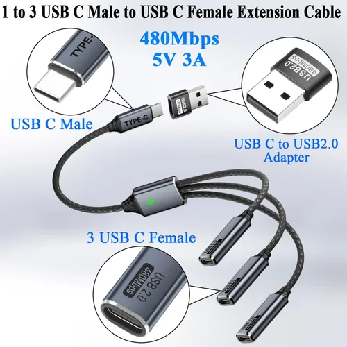 Vista 2 de QIANRENON Cable de extensión USB C 1 a 3 1 en 3 tipo C 2.0 macho a 3 hembra, con adaptador C a A Convertir USB2.0 macho a 3 USB C hembra ca-ble
