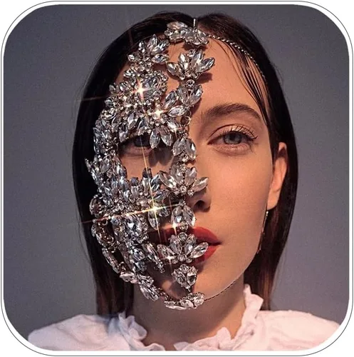 Vista 6 de STONEFANS Máscara de mascarada de diamantes de imitación, joyería de cara completa para mujer, máscara de Mardi Gras, cadena de cristal para la cara