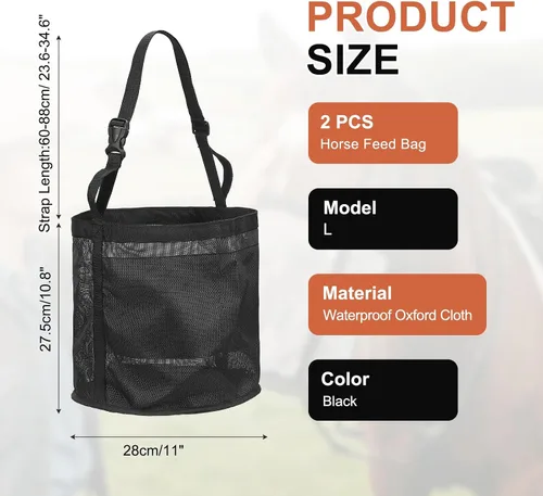Vista 2 de Bolsa de alimentación para caballo, bozal de caballo con correa ajustable, malla de nailon, impermeable, bolsa para caballos de grano inferior Negro