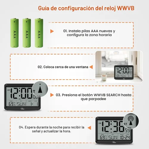 Vista 6 de WallarGe - Reloj de pared digital atómico, funciona con pilas, autoconfiguración, pantalla grande con temperatura, fecha, día de la semana, reloj