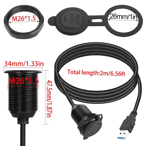 Vista 6 de QIANRENON Cable USB 3.0 de 5 Gbps a prueba de agua para automóvil, cable USB 3.0 hembra a macho para montaje en panel con luz LED, carcasa