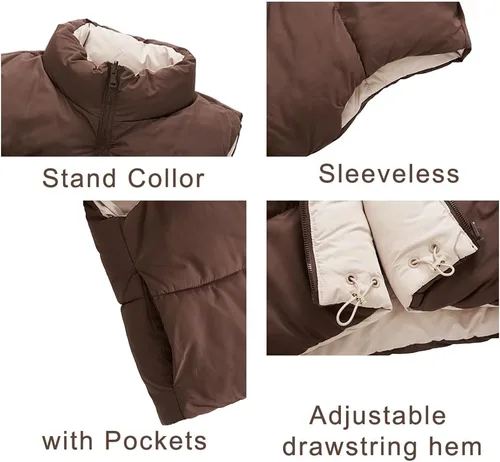 Vista 4 de Chaleco corto de invierno para mujer, ligero, reversible, cálido, chaleco acolchado, chaleco acolchado