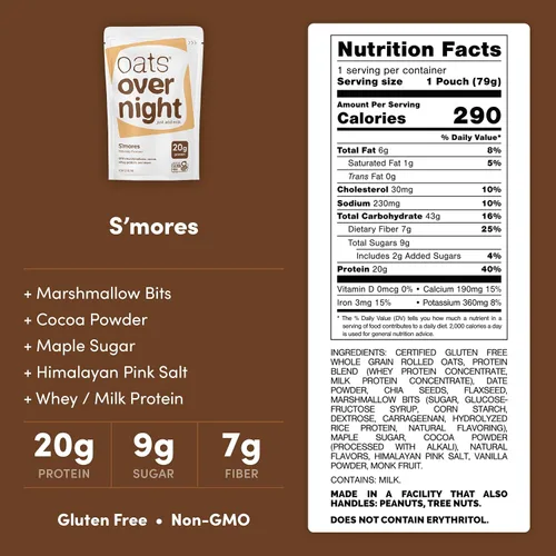 Vista 2 de Oats Overnight - S'mores - Batido de desayuno alto en proteínas y bajo en azúcar, sin gluten, alto en fibra, avena sin OMG (2.7 onzas por comida)