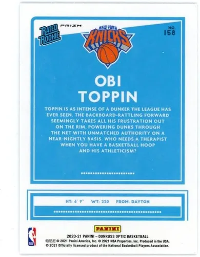 Vista 2 de 2020-21 DONRUSS OPTIC HOLO #158 OBI TOPPIN RATED ROOKIES RC NEW YORK KNICKS BASKETBALL OFFICIAL TRADING CARD OF NBA