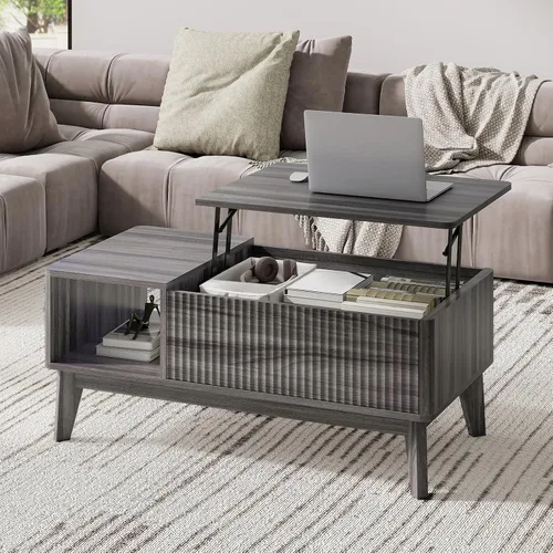 Vista 9 de LYNCOHOME Mesa de centro acanalada con compartimento oculto, mesas de centro elevables de madera, mesa central moderna para sala de estar, oficina