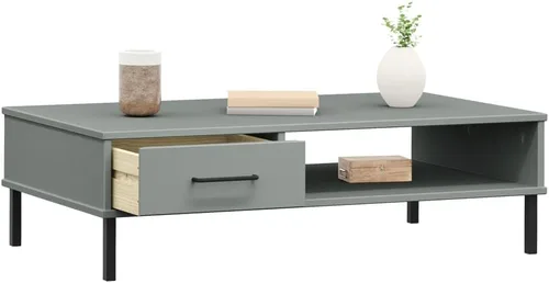 Vista 4 de Grey Solid Pine Wood Coffee Table, 21.7x39.4x11.4 in Metal Low Living Room Table with Storage Drawer, Industrial Style Mesa de Centro para Sala