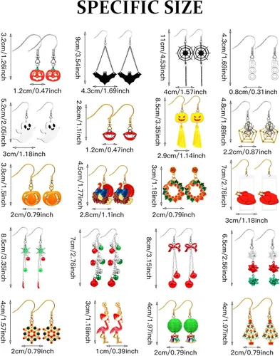 Vista 6 de Juego de 20 pares de aretes colgantes de Halloween, otoño, Acción de Gracias, diseño de calabaza, esqueleto, Navidad, para mujeres y niñas