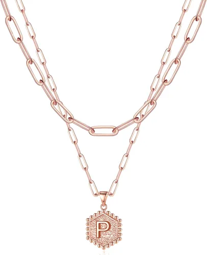 Vista 24 de M MOOHAM - Delicado collar de oro para mujer, de 14 quilates, en capas, lindos collares con letra hexagonal con inicial para mujer, regalos