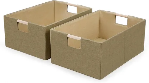 Vista 7 de Cubos de almacenamiento plegables de tela, cestas de almacenamiento de tela con asas de madera, cubos organizadores de armario de estantes, cajas