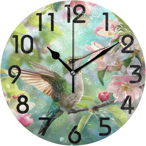 Vista 16 de Spring Hummingbird - Reloj de pared redondo con estampado de flores, 9.5 pulgadas, funciona con pilas, reloj de escritorio analógico silencioso