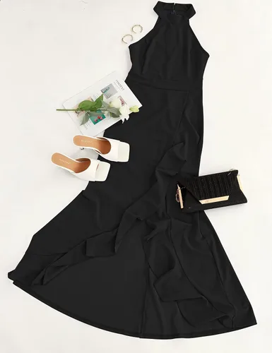 Vista 4 de MEROKEETY Vestido largo de cóctel con cuello halter para mujer, elegante, ajustado, sirena para fiesta de noche