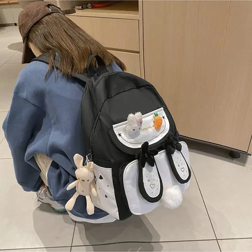 Vista 3 de Mochila kawaii con orejas de conejo con felpa de conejo linda mochila japonesa para la escuela adolescentes y niñas suministros escolares kawaii