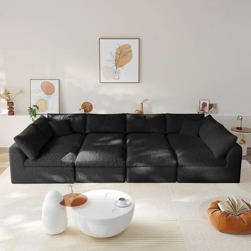 Vista 9 de Sofá modular de nube sin hueso de 108 pulgadas con asiento profundo para sala de estar, sofá en forma de L con otomana, tela de copo de nieve y Negro