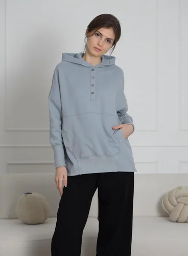 Vista 3 de AlvaQ Sudadera casual con cuello en V y botones para mujer, sudadera de gran tamaño, con capucha y bolsillos
