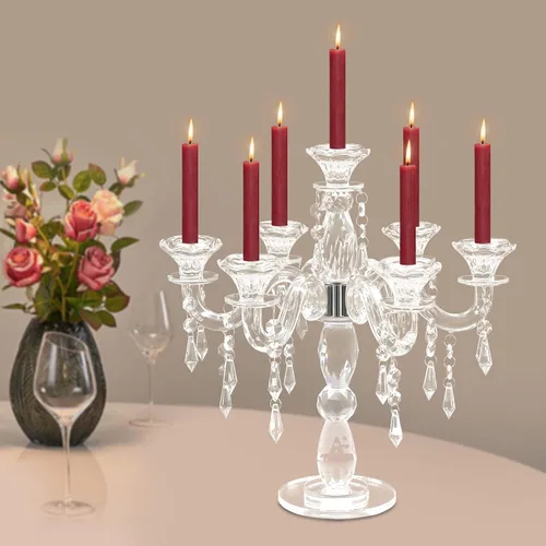 Vista 8 de Candelabros de cristal de 7 brazos, modernos centros de mesa transparentes para mesas, portavelas vintage para el hogar, centros de mesa, bodas