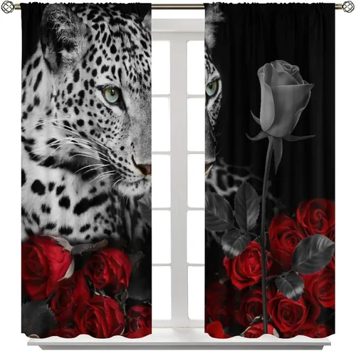 Vista 2 de Cortinas de ventana de leopardo con rosas rojas, tratamiento de ventana de vida silvestre africana para niños y niños, cortinas de ventana