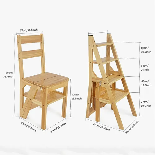 Vista 3 de Silla de escalera plegable de madera, taburete y silla 2 en 1, estilo rústico, perfecta para comedor, uso en interiores y exteriores, capacidad