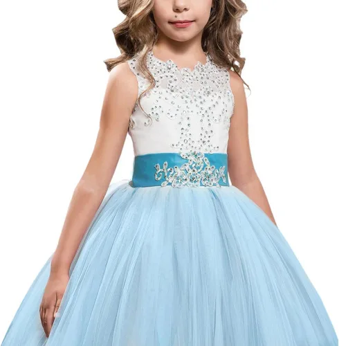 Vista 2 de Vestido largo de encaje de princesa, para comunión, vestido de tul, vestido largo con diseño de flor de encaje, para eventos formales para niñas