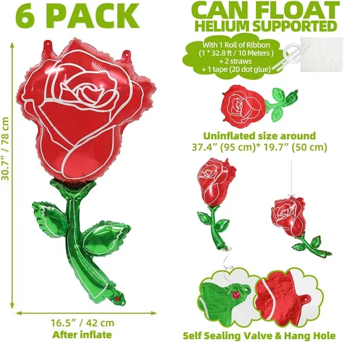 Vista 5 de Globos de rosas rojas 3D para decoración de flores para niñas, suministros de princesa rosa, decoración romántica, paquete de 6 globos de papel