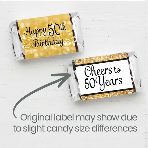 Vista 4 de Mini envoltorios de barra de caramelo para fiesta de cumpleaños número 50, color negro y dorado, 45 calcomanías 2.5" x 1.25" Stickers, Fits