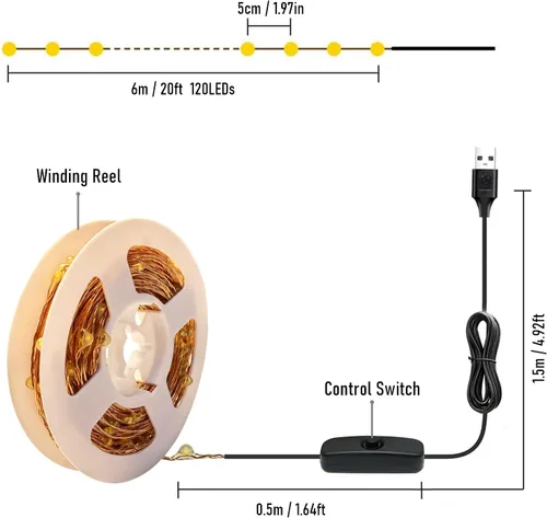 Vista 2 de RUICHEN Guirnalda de luces USB con cable de cobre de 20 pies, 120 luces LED estrelladas con interruptor de encendido/apagado, blanco cálido