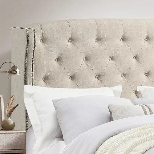 Vista 4 de Rosevera Essential - Base de cama de plataforma con cabecera capitoné tapizada de tela, soporte de listones de madera, fácil montaje, matrimonial