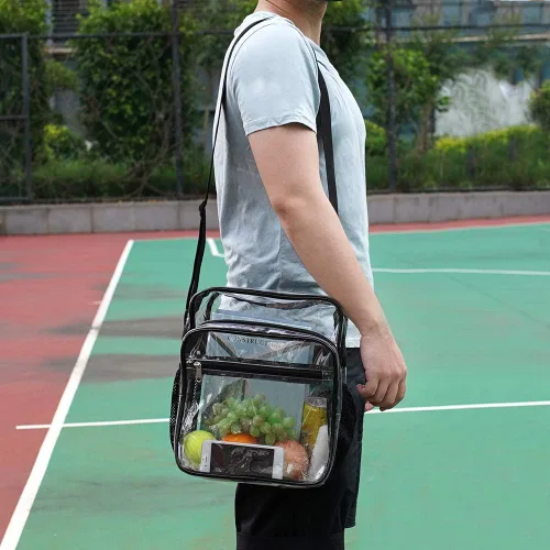 Vista 7 de Bolsa transparente aprobada para estadios, bolsa bandolera mensajero de hombro transparente con correa ajustable para conciertos, eventos deportivos