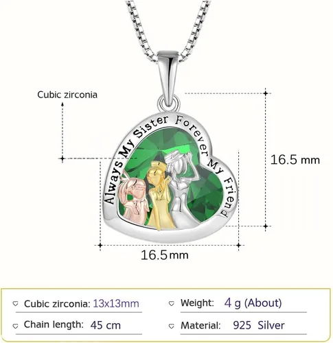 Vista 3 de Collar de 3 hermanas de plata de ley 925, collar con piedra natal de corazón de amor Always My Sister Forever Gifts My Friend for Sister Jewelry
