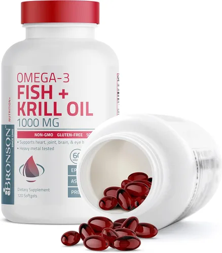 Vista 3 de Bronson Omega-3 Fish + Krill Oil 1000 mg EPA DHA Astaxantina Mezcla Premium – Salud de las articulaciones, cerebro y ojos – Sin OMG, probado