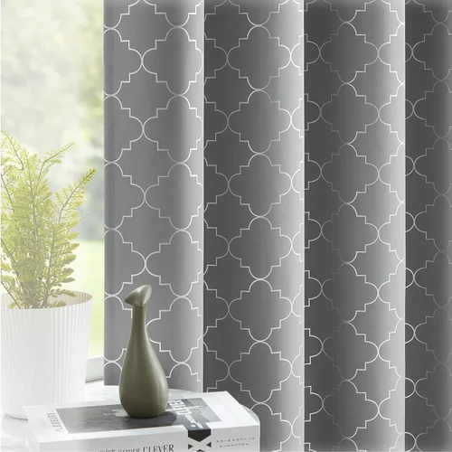 Vista 9 de Enactex, cortinas 100% opacas de 63 pulgadas de largo, cortinas beige con aislamiento térmico con patrón geométrico plateado metálico, cortinas