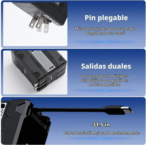 Vista 7 de 2-en-1 Compatible con Cargador Rápido de 120w, Nuevo Adaptador de Corriente de Pared Retráctil de Carga Rápida de 2025 con Enchufe Plegable Todo