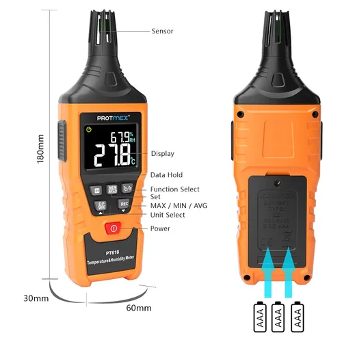 Vista 2 de PT618 Medidor de Temperatura y Humedad, Termómetro Higrómetro con Ambiente, Punto de Rocío, Bulbo Húmedo para Interior/Exterior MÍN, MÁX, Retención