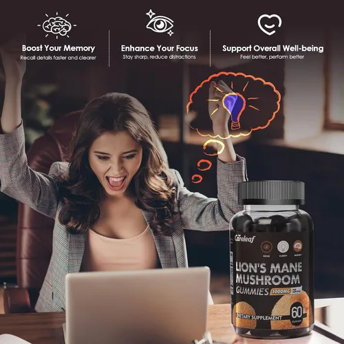 Vista 3 de Lions Mane - Gomitas de hongos para suplemento cerebral nootrópico, apoyo inmunológico, suplemento de hongos para aliviar el estrés, sabor a bayas