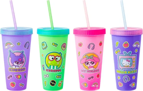 Vista 29 de Silver Buffalo Care Bears Corazones y Estrellas Juego de 4 Vasos de Plástico Cambian de Color con Popotes de Espiral Arcoíris con Tenderheart